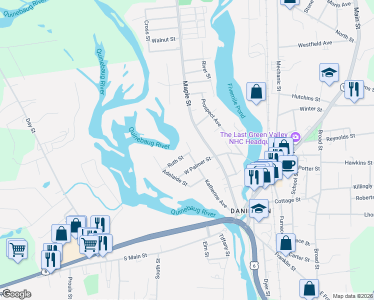 map of restaurants, bars, coffee shops, grocery stores, and more near 6 Ruth Street in Killingly