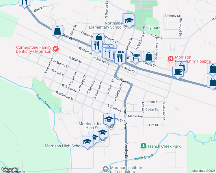 map of restaurants, bars, coffee shops, grocery stores, and more near 109 East Morris Street in Morrison