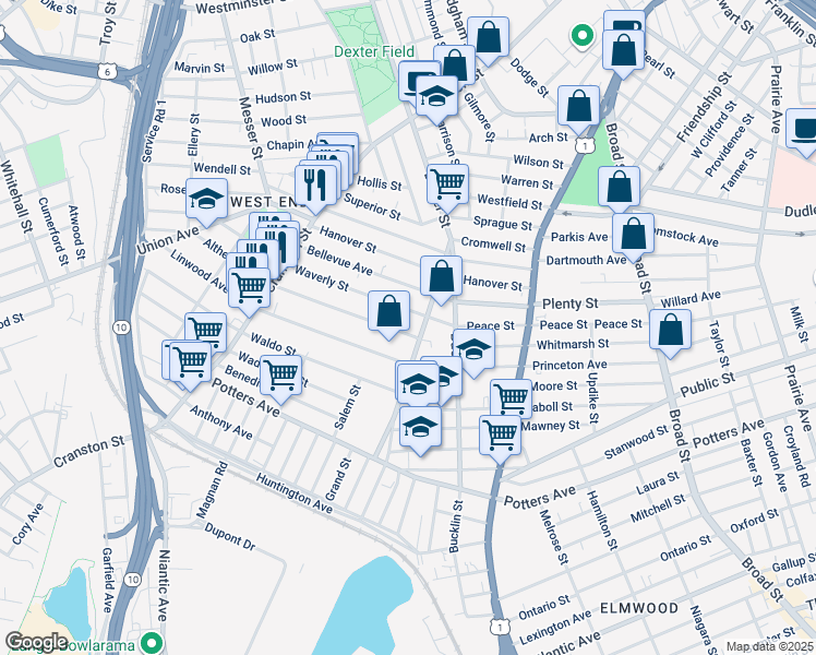 map of restaurants, bars, coffee shops, grocery stores, and more near 17 Althea Street in Providence
