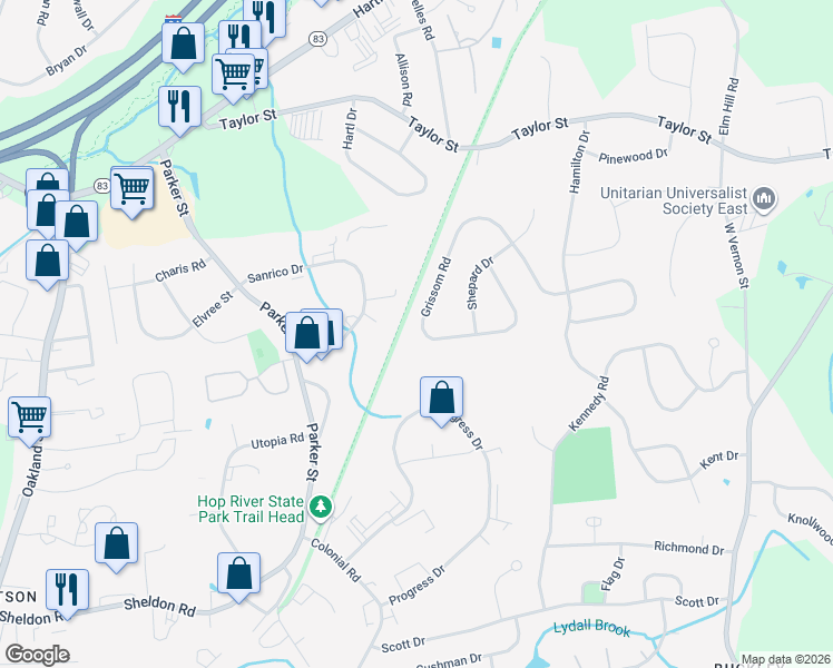 map of restaurants, bars, coffee shops, grocery stores, and more near 209 Grissom Road in Manchester