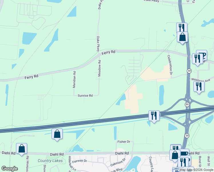 map of restaurants, bars, coffee shops, grocery stores, and more near 4S341 Meadow Road in Naperville