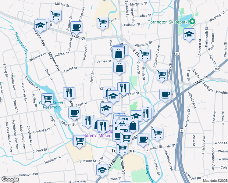 map of restaurants, bars, coffee shops, grocery stores, and more near 444 Prospect Street in Torrington