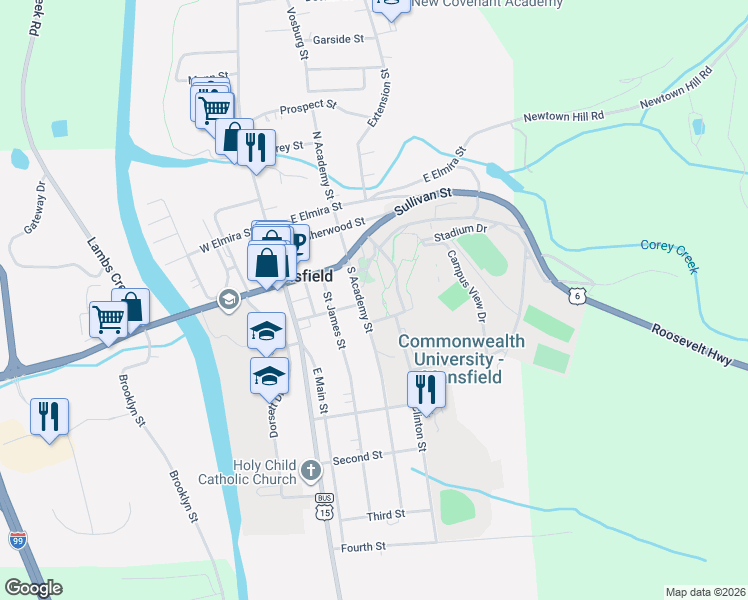 map of restaurants, bars, coffee shops, grocery stores, and more near 38-70 S Academy St in Mansfield