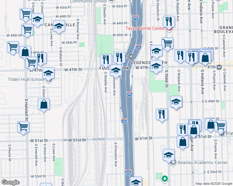 map of restaurants, bars, coffee shops, grocery stores, and more near 4823 South Princeton Avenue in Chicago