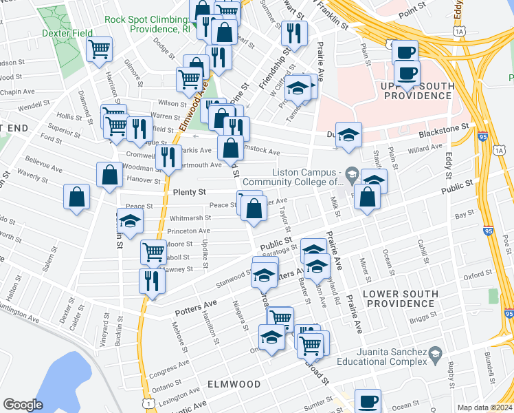 map of restaurants, bars, coffee shops, grocery stores, and more near 142 Chester Avenue in Providence