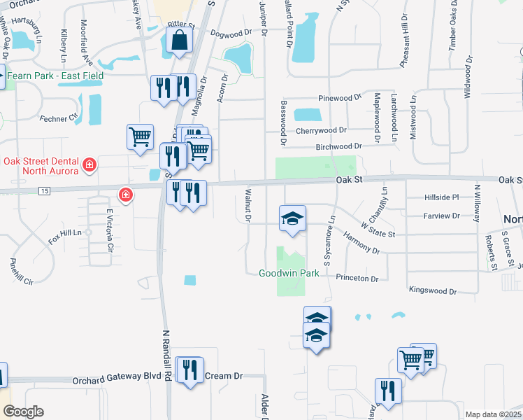 map of restaurants, bars, coffee shops, grocery stores, and more near 6 Juniper Drive in North Aurora