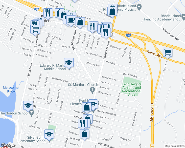 map of restaurants, bars, coffee shops, grocery stores, and more near 19 Fairview Avenue in East Providence
