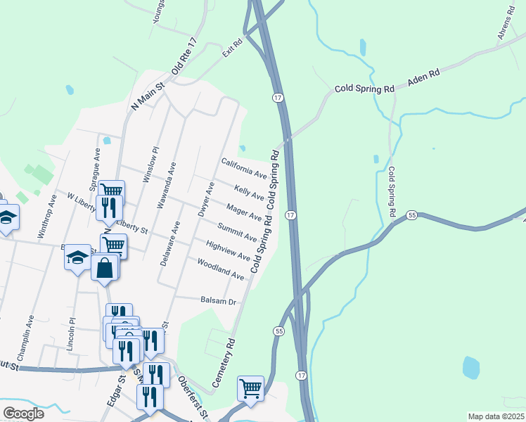 map of restaurants, bars, coffee shops, grocery stores, and more near 83 Cold Spring Road in Liberty