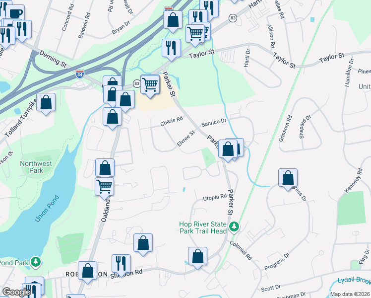 map of restaurants, bars, coffee shops, grocery stores, and more near 67 Sandra Drive in Manchester