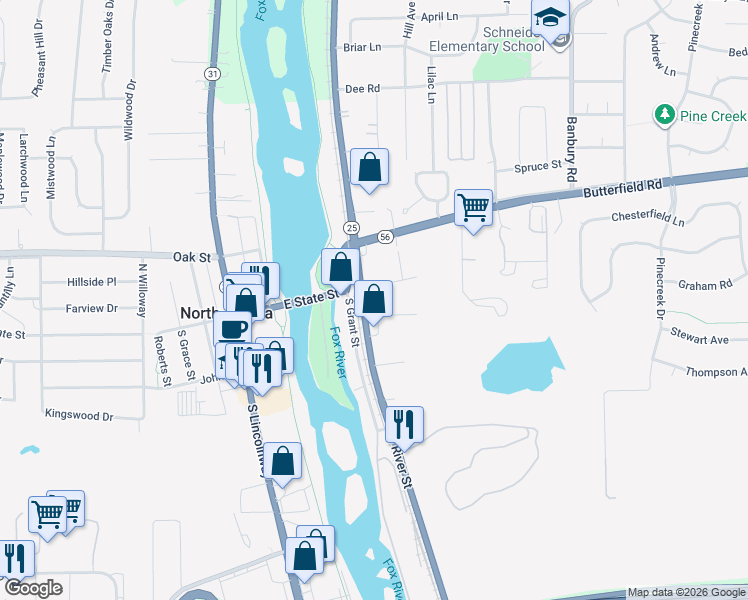 map of restaurants, bars, coffee shops, grocery stores, and more near 1 South River Street in North Aurora