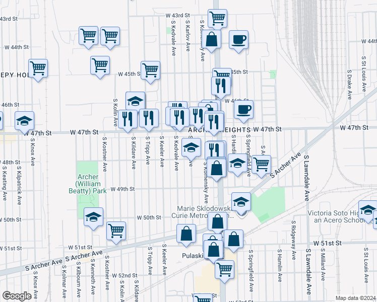 map of restaurants, bars, coffee shops, grocery stores, and more near 4742 South Karlov Avenue in Chicago
