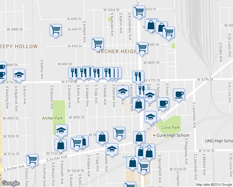map of restaurants, bars, coffee shops, grocery stores, and more near 4745 South Kedvale Avenue in Chicago