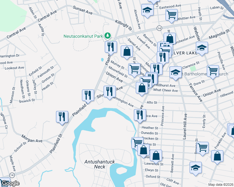 map of restaurants, bars, coffee shops, grocery stores, and more near 77 Prudence Ave in Providence
