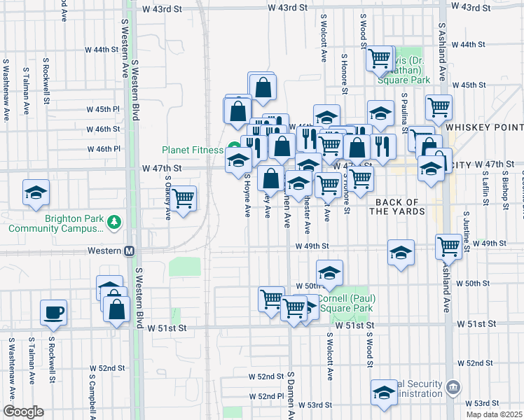 map of restaurants, bars, coffee shops, grocery stores, and more near 4800 South Seeley Avenue in Chicago