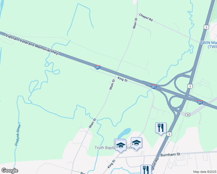map of restaurants, bars, coffee shops, grocery stores, and more near 269 Main Street in South Windsor