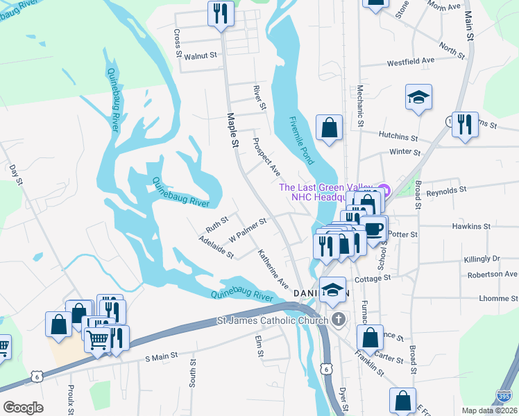 map of restaurants, bars, coffee shops, grocery stores, and more near 130 Maple Street in Killingly