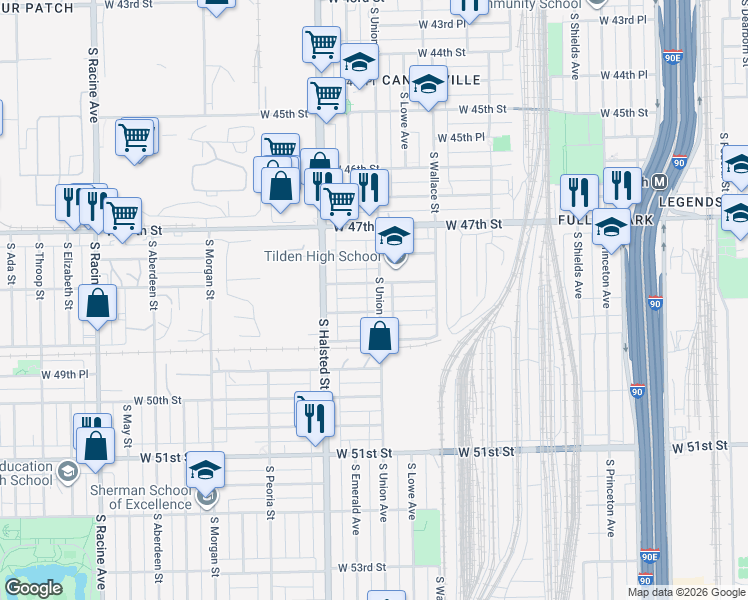 map of restaurants, bars, coffee shops, grocery stores, and more near 4814 South Union Avenue in Chicago