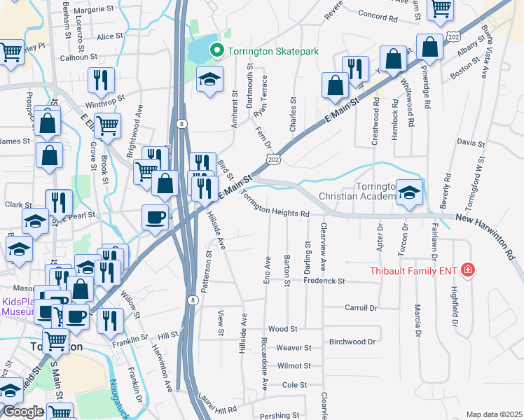 map of restaurants, bars, coffee shops, grocery stores, and more near 70 Torrington Heights Road in Torrington