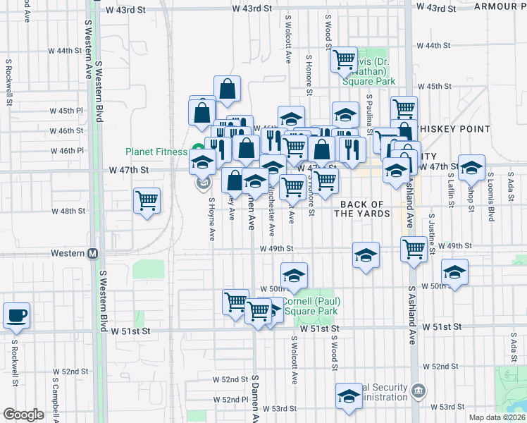 map of restaurants, bars, coffee shops, grocery stores, and more near 4800 South Winchester Avenue in Chicago