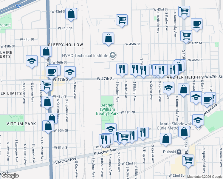 map of restaurants, bars, coffee shops, grocery stores, and more near 4740 South Kostner Avenue in Chicago