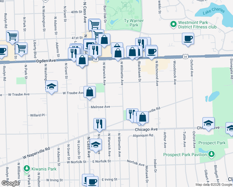 map of restaurants, bars, coffee shops, grocery stores, and more near 416 North Wilmette Avenue in Westmont