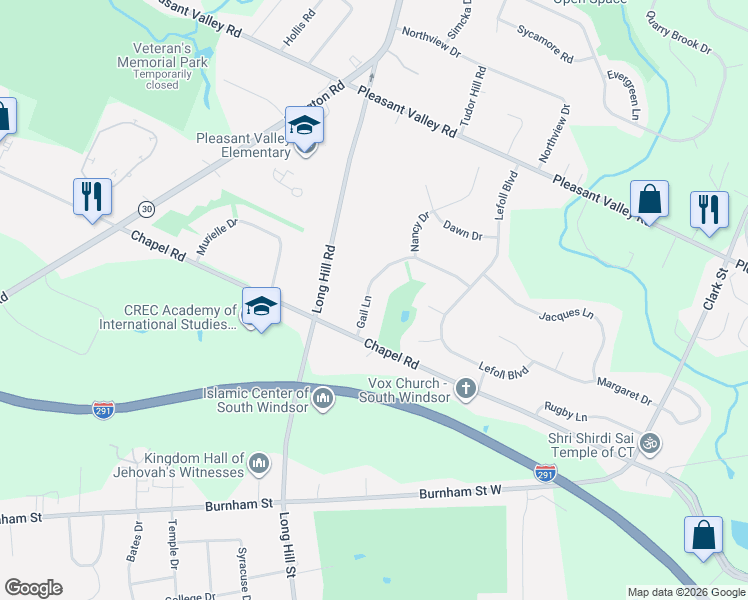 map of restaurants, bars, coffee shops, grocery stores, and more near 123 Gail Lane in South Windsor
