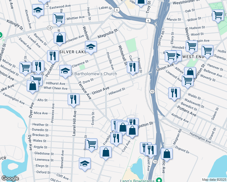 map of restaurants, bars, coffee shops, grocery stores, and more near 71 Hillwood Street in Cranston