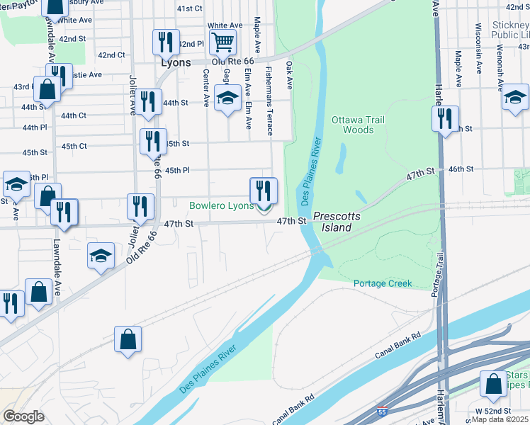 map of restaurants, bars, coffee shops, grocery stores, and more near 7700 47th Street in Lyons