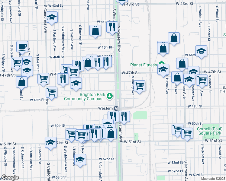map of restaurants, bars, coffee shops, grocery stores, and more near 4800 South Western Avenue in Chicago