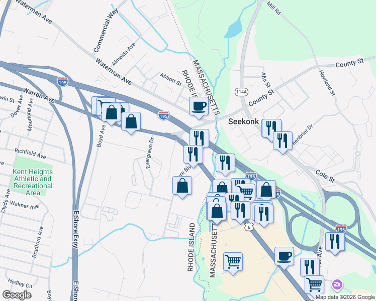 map of restaurants, bars, coffee shops, grocery stores, and more near 37 Highland Avenue in East Providence