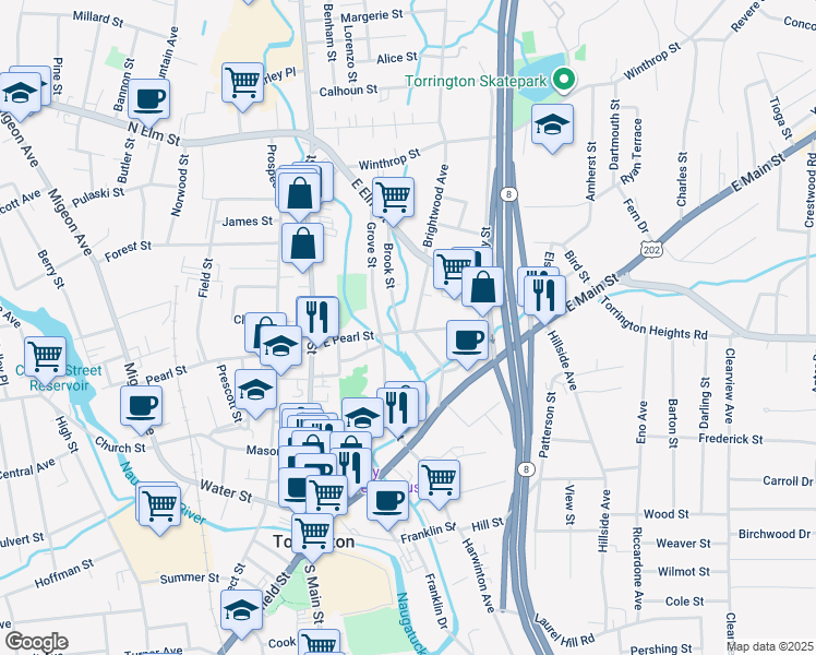 map of restaurants, bars, coffee shops, grocery stores, and more near 137 East Pearl Street in Torrington