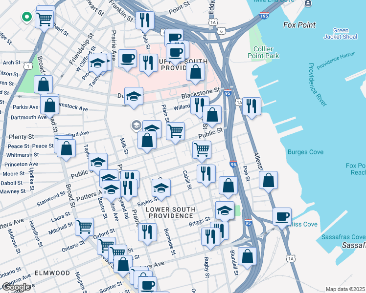 map of restaurants, bars, coffee shops, grocery stores, and more near 252 Public Street in Providence