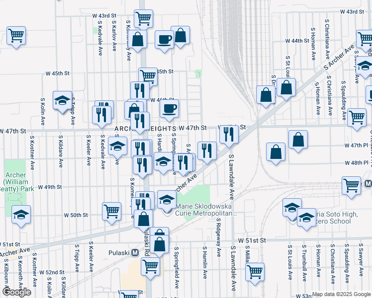 map of restaurants, bars, coffee shops, grocery stores, and more near 4744 South Avers Avenue in Chicago