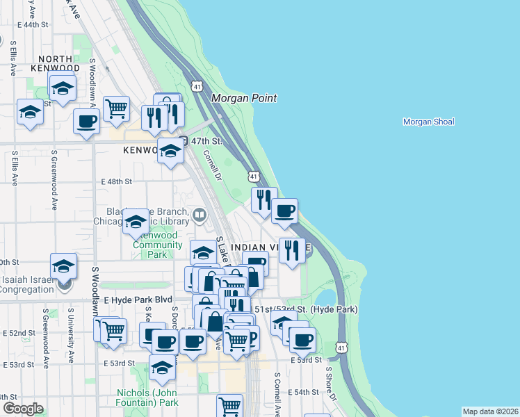 map of restaurants, bars, coffee shops, grocery stores, and more near 4800 South Chicago Beach Drive in Chicago