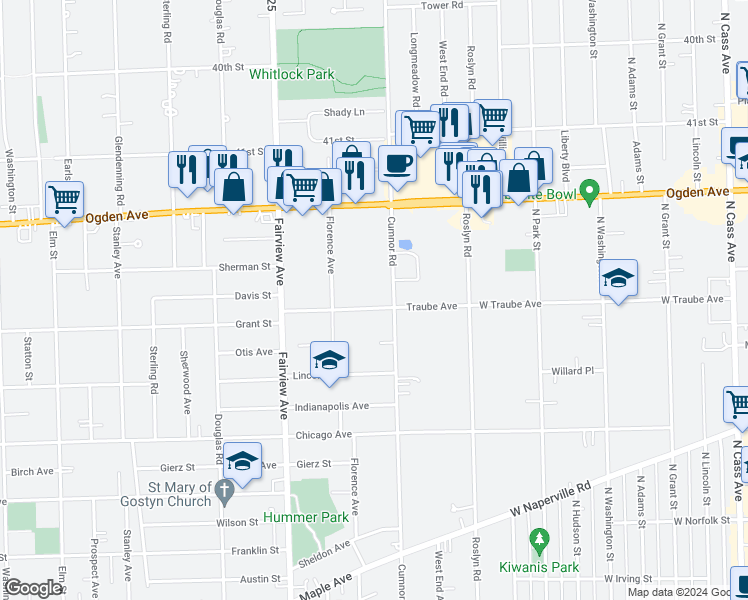 map of restaurants, bars, coffee shops, grocery stores, and more near 212 Grant Street in Downers Grove