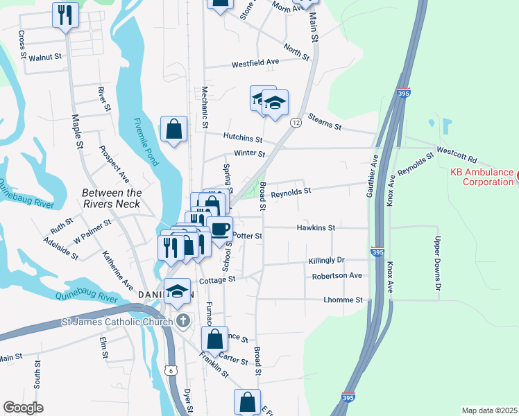map of restaurants, bars, coffee shops, grocery stores, and more near 259 Broad Street in Killingly