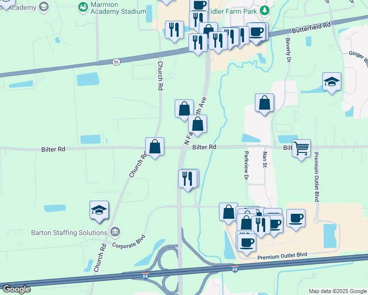 map of restaurants, bars, coffee shops, grocery stores, and more near N Farnsworth Ave & Bilter Rd in Aurora