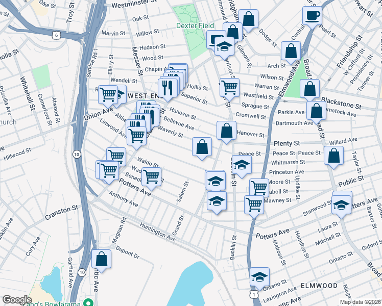 map of restaurants, bars, coffee shops, grocery stores, and more near 58 Althea Street in Providence