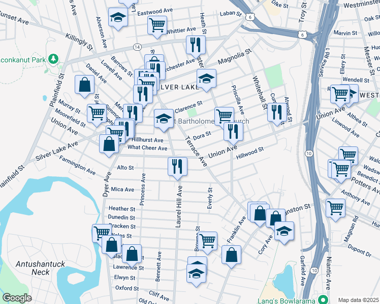 map of restaurants, bars, coffee shops, grocery stores, and more near 184 Elmdale Avenue in Providence