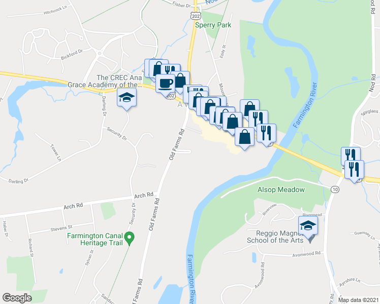 map of restaurants, bars, coffee shops, grocery stores, and more near 12 Columbus Circle in Avon