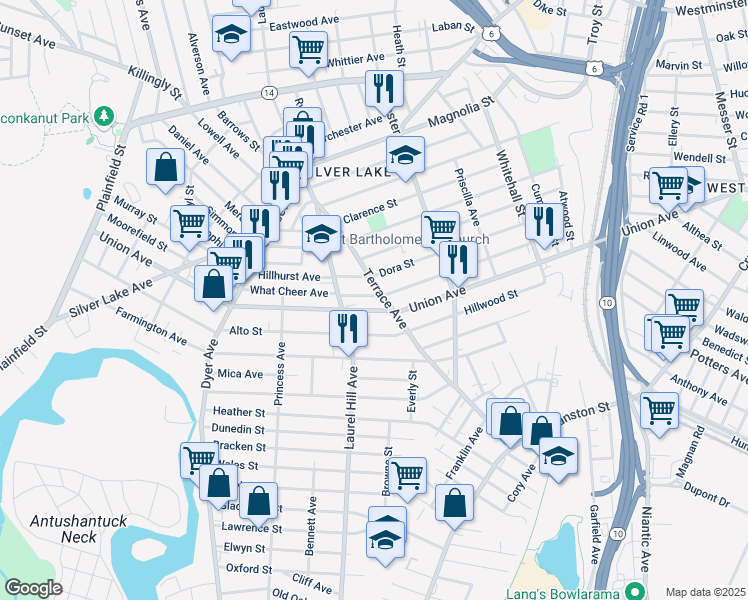 map of restaurants, bars, coffee shops, grocery stores, and more near 184 Elmdale Avenue in Providence