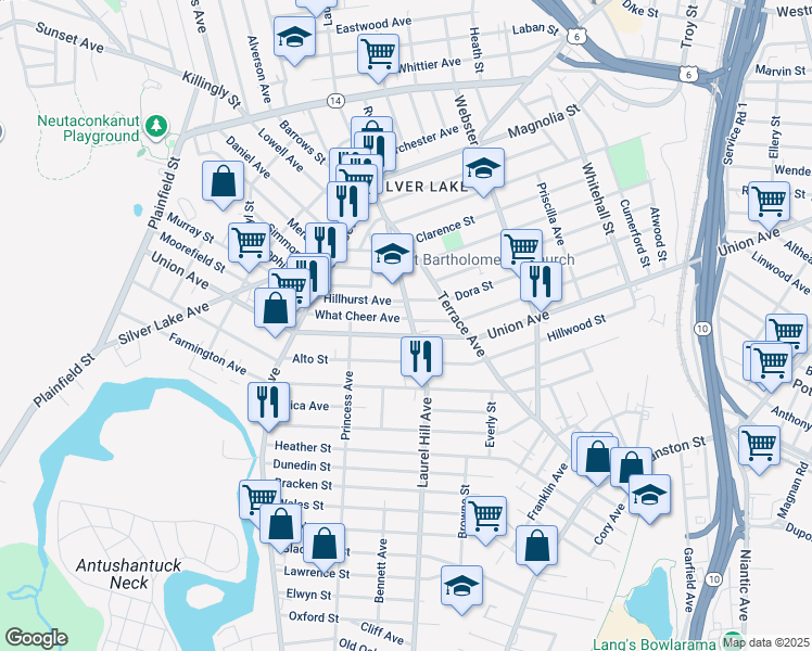 map of restaurants, bars, coffee shops, grocery stores, and more near 357 Laurel Hill Avenue in Providence