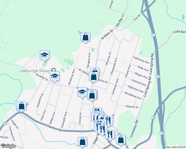 map of restaurants, bars, coffee shops, grocery stores, and more near 5 West Liberty Street in Liberty