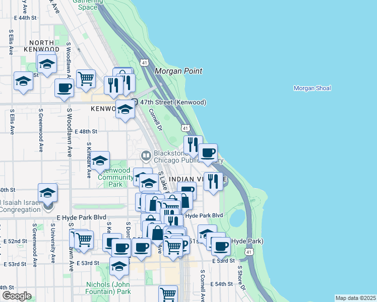 map of restaurants, bars, coffee shops, grocery stores, and more near South Lake Shore Drive in Chicago