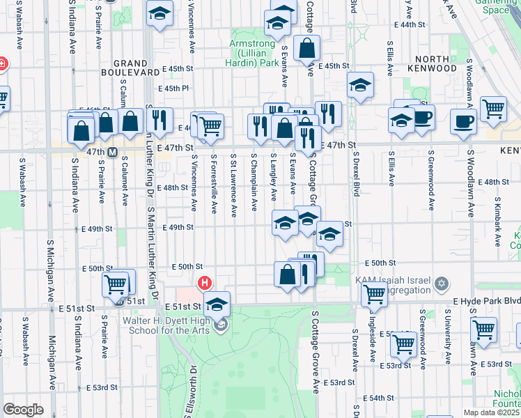 map of restaurants, bars, coffee shops, grocery stores, and more near 4836 South Champlain Avenue in Chicago