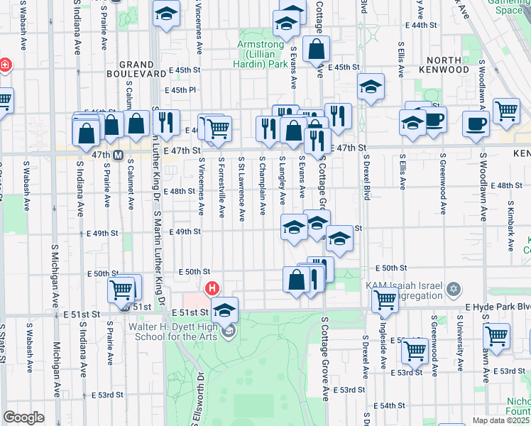 map of restaurants, bars, coffee shops, grocery stores, and more near 4836 South Champlain Avenue in Chicago