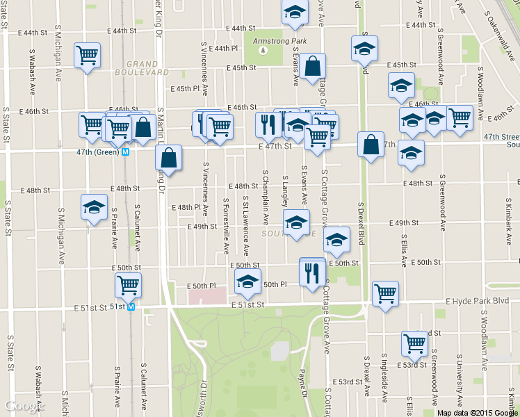 map of restaurants, bars, coffee shops, grocery stores, and more near 4836 South Champlain Avenue in Chicago