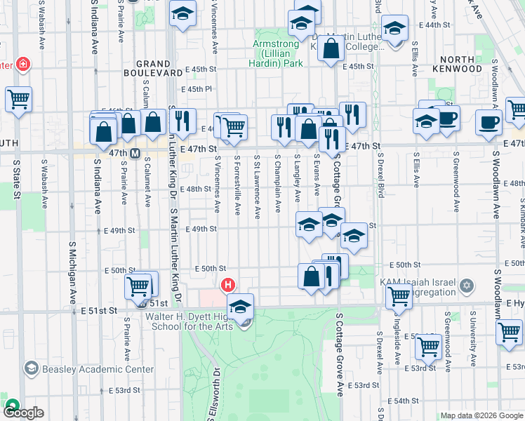 map of restaurants, bars, coffee shops, grocery stores, and more near 4836 South Champlain Avenue in Chicago