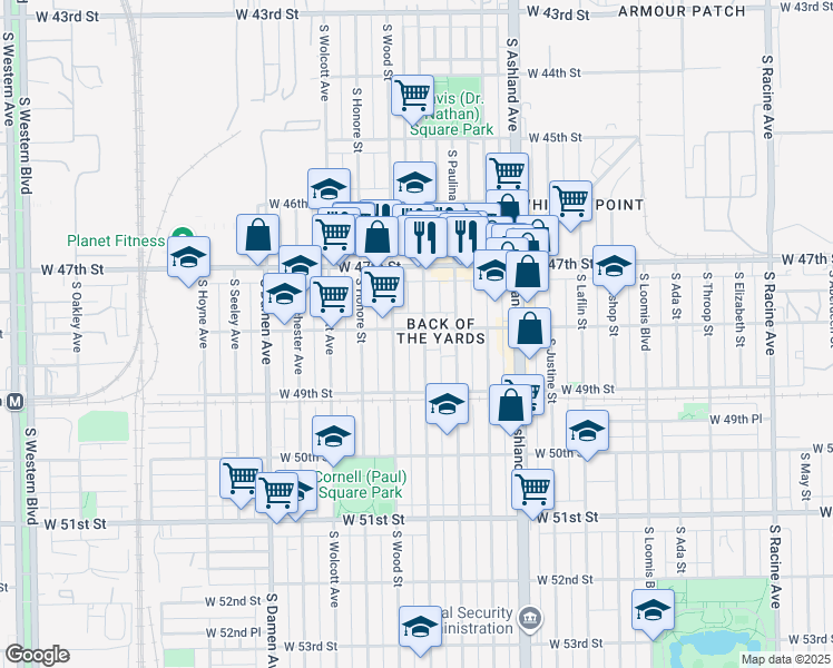 map of restaurants, bars, coffee shops, grocery stores, and more near 4802 South Hermitage Avenue in Chicago