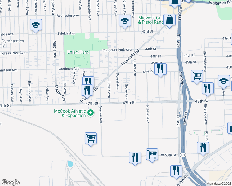 map of restaurants, bars, coffee shops, grocery stores, and more near 4620 Forest Avenue in Brookfield
